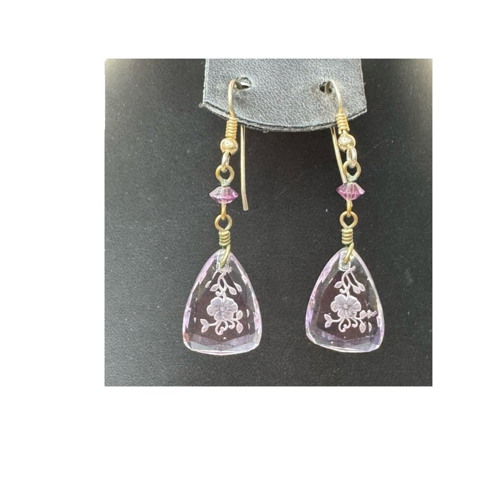 Amethyst Glass Gold Plated 2" Reverse Carved Floral Dangle Earrings Art Deco